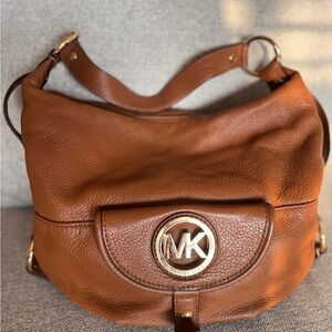 Michael Kors Tan Genuine Leather Shoulder Bag with Gold Accent hoops